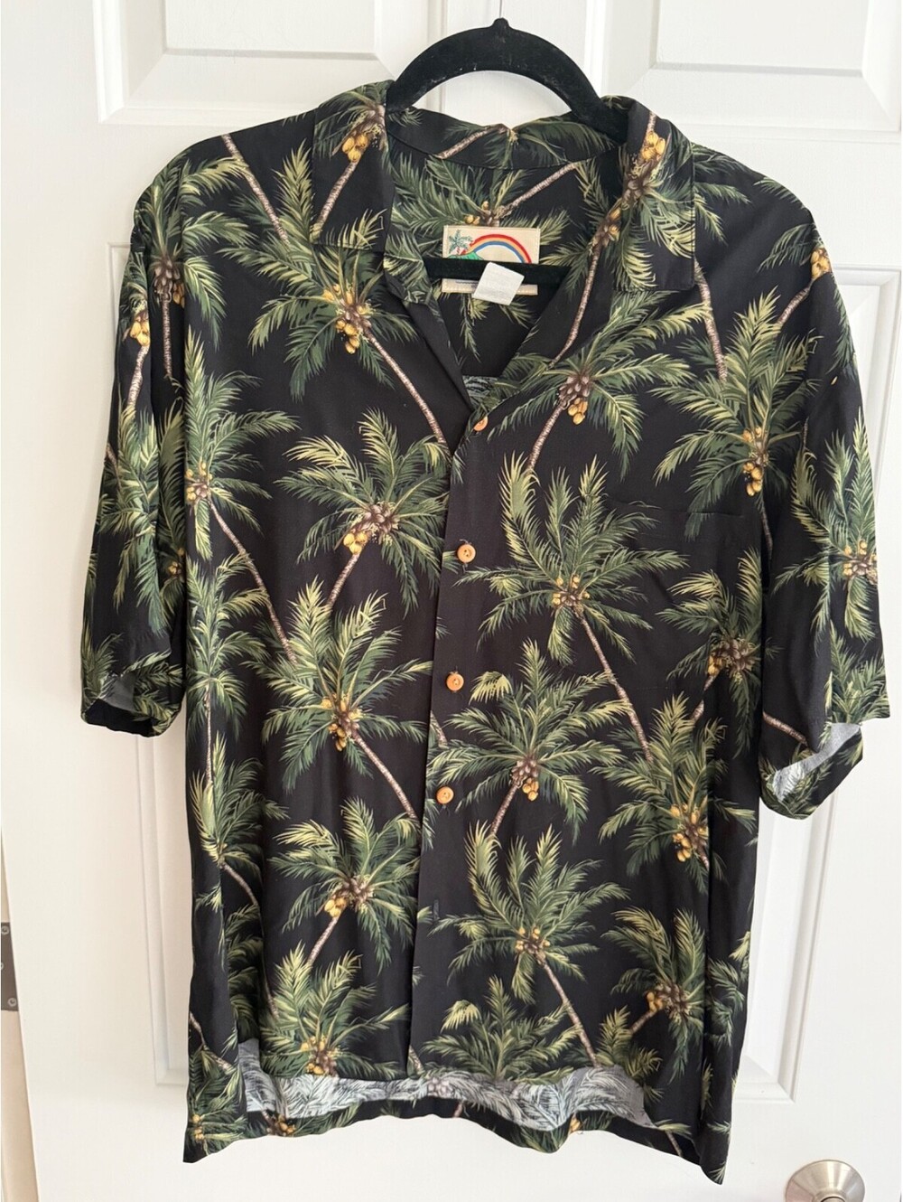 Vintage Paradise Found Hawaiian Shirt Mens Large Black Palm Tree 100% Hawaii